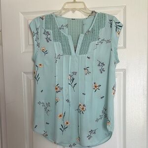 Mint Floral Blouse with Crochet Detail